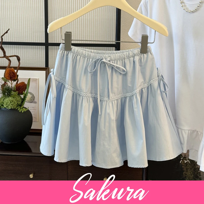 甜美结系带拼接镂空A字短裙女夏季荷叶边高腰褶皱宽松大摆裙