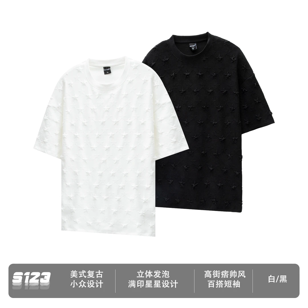 S123 美式小众设计立体发泡星星上衣高街痞帅宽松百搭短袖T恤1152