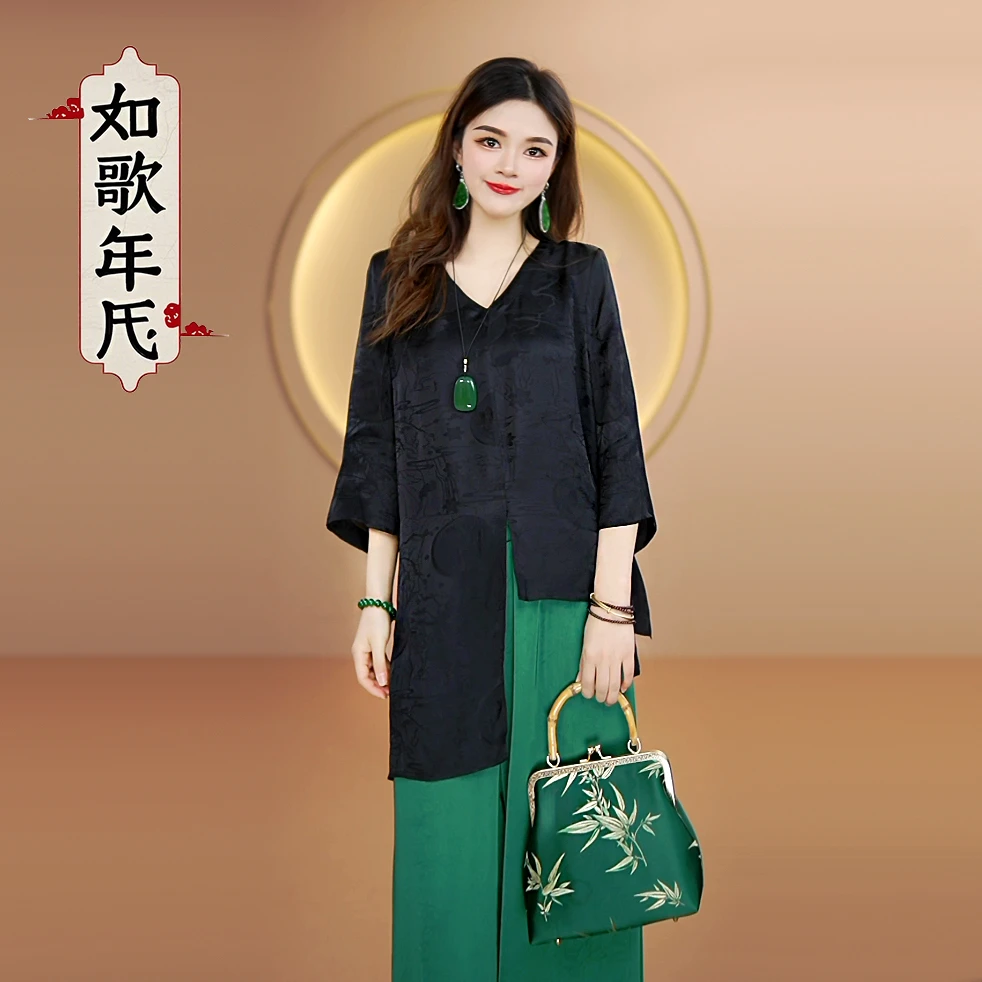 宝藏-如歌年代夏季国风提花缎面小衫不规则七分袖显瘦V领上衣女装