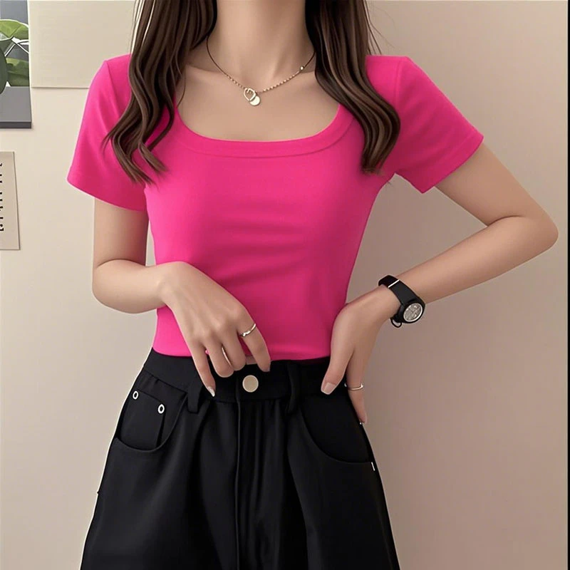 短款韩版显瘦紧身时尚短袖方领修身女T恤ins高腰纯色方领纯棉上衣