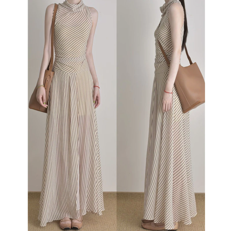 法式复古条纹气质小荡领背心连衣裙女装夏季挖肩名媛裙子收腰长裙