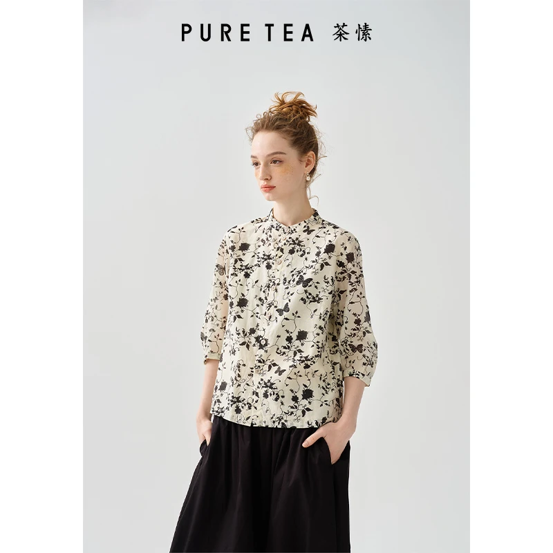 茶愫花蝶印花衬衫立领七分袖2025夏新TB1601C21