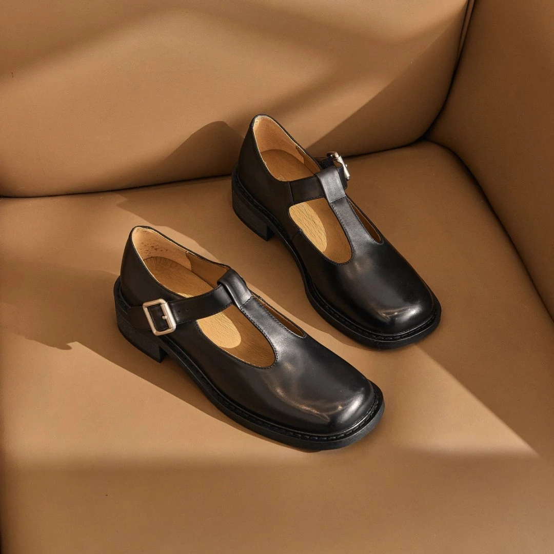 英伦风T字镂空低圆头跟浅口复古时尚百搭真皮单鞋女G777