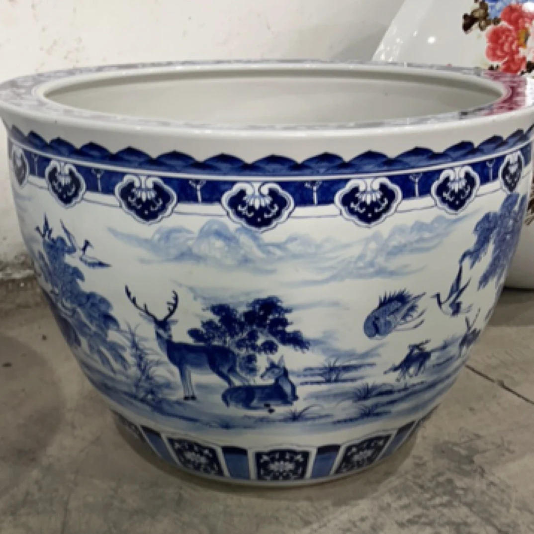 口径100cm高72cm手绘青花鹿鹤同春门海大缸