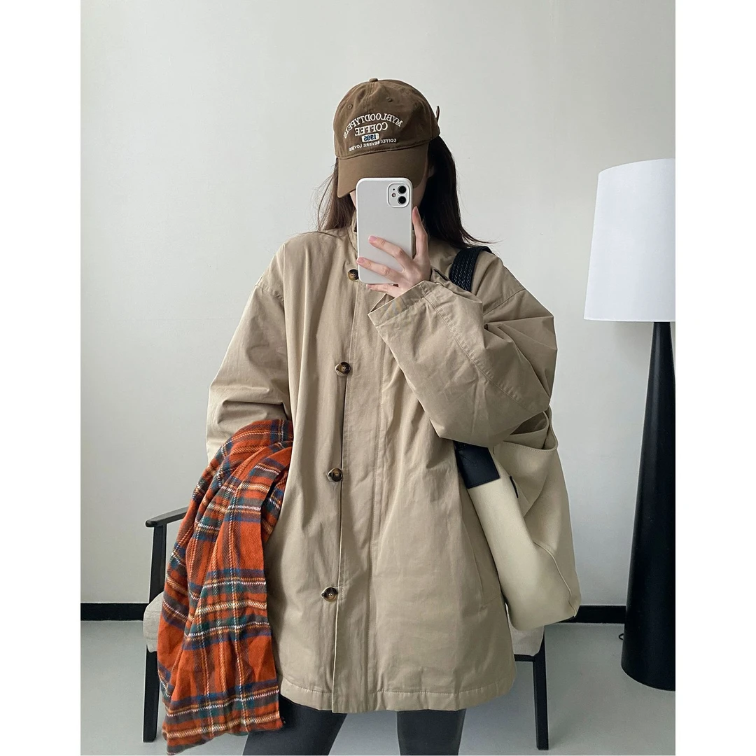 立领时尚扣子立领夹棉外套加厚秋冬季新款中长款学院风衣棉服女