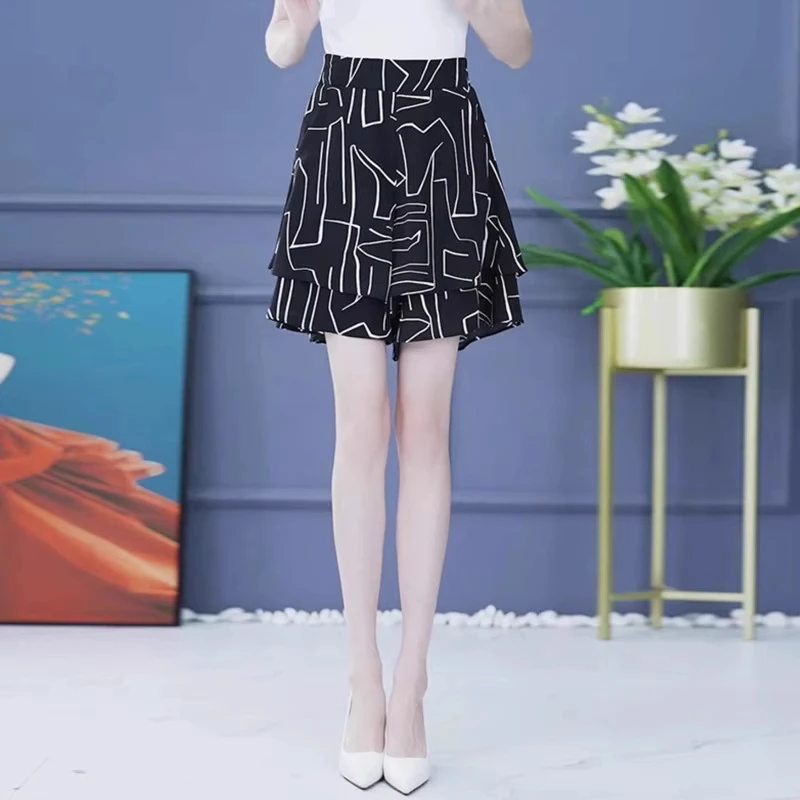 拉夏贝尔雪纺半身短裙裤女士高腰2025年夏季凉感垂感阔腿裤裙短裤