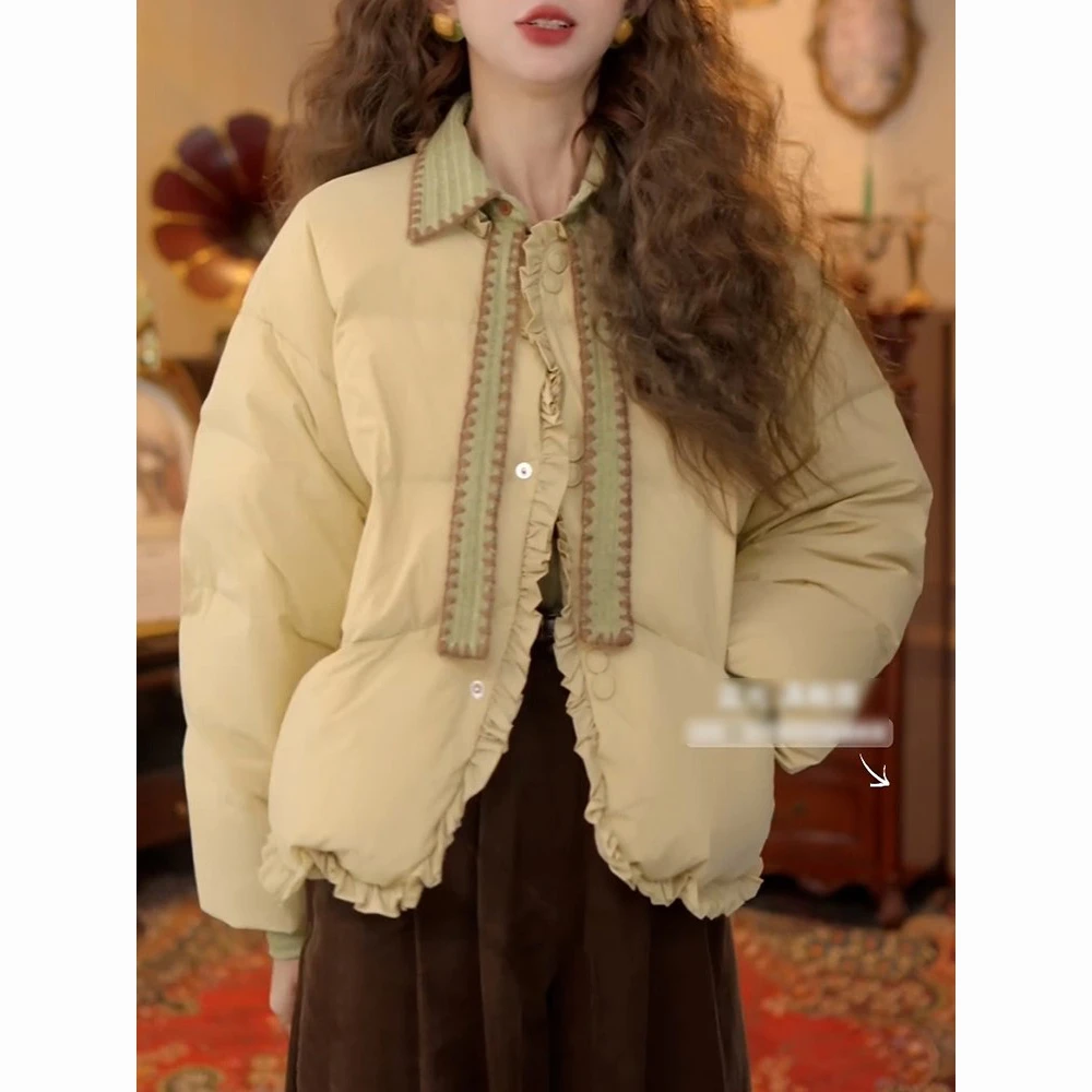 温柔木耳边拼接棉衣棉服女2025冬季新款气质百搭宽松减龄好看外套
