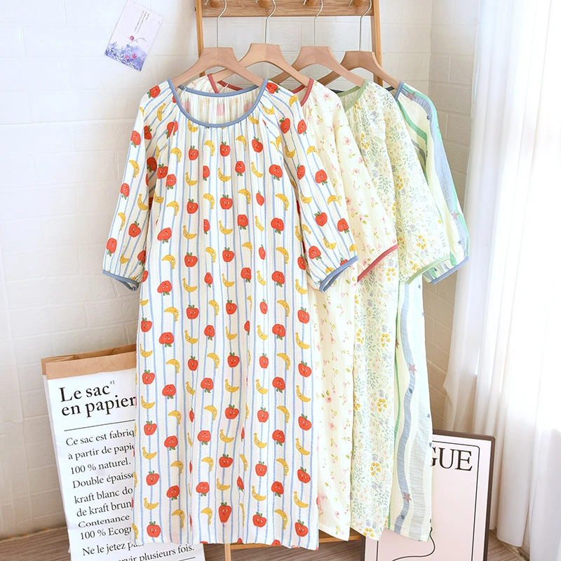 {睡裙}100%纯棉七分袖甜美可爱轻薄夏天夏季薄款