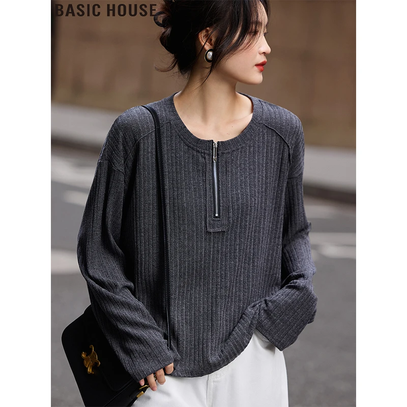 Basic House/百家好灰色半拉链长袖T恤慵懒风内搭打底衫女2025秋