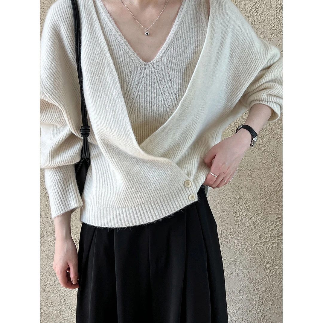 鹿西 法式大领口针织女秋新款纯欲菱形吊带背心+开衫两件套ss588