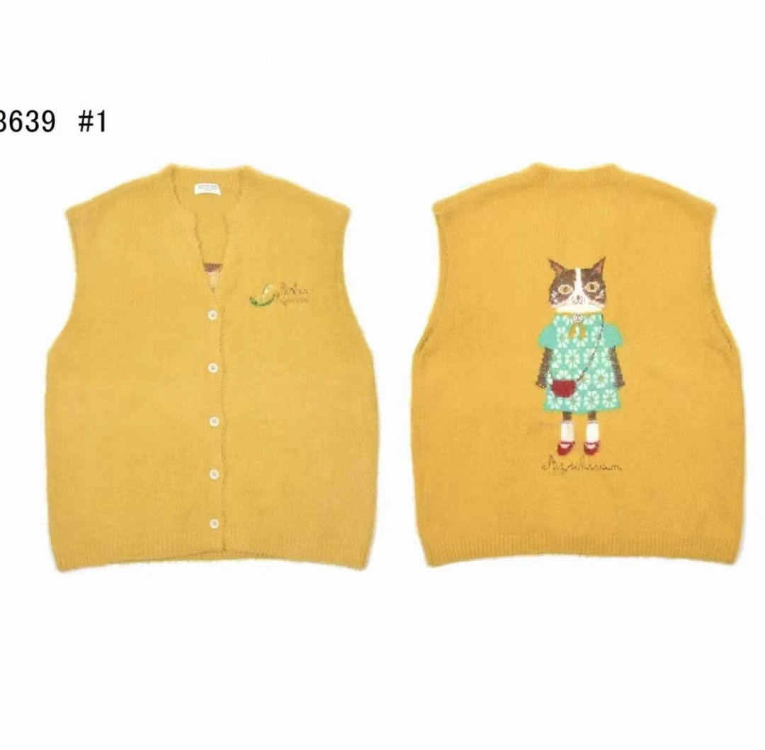 A685 日本Kusuguru正品提花猫咪长毛蜜豆红豆姜黄T恤8639-1均码