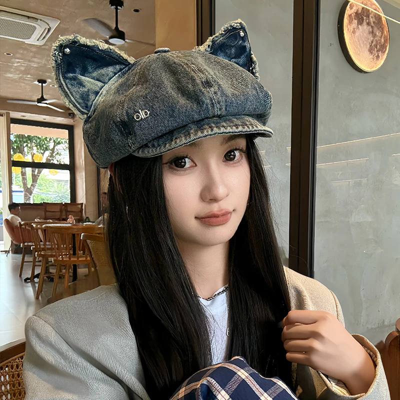 可爱猫耳朵水洗做旧八角帽女秋季百搭文艺复古牛仔日系报童贝雷帽