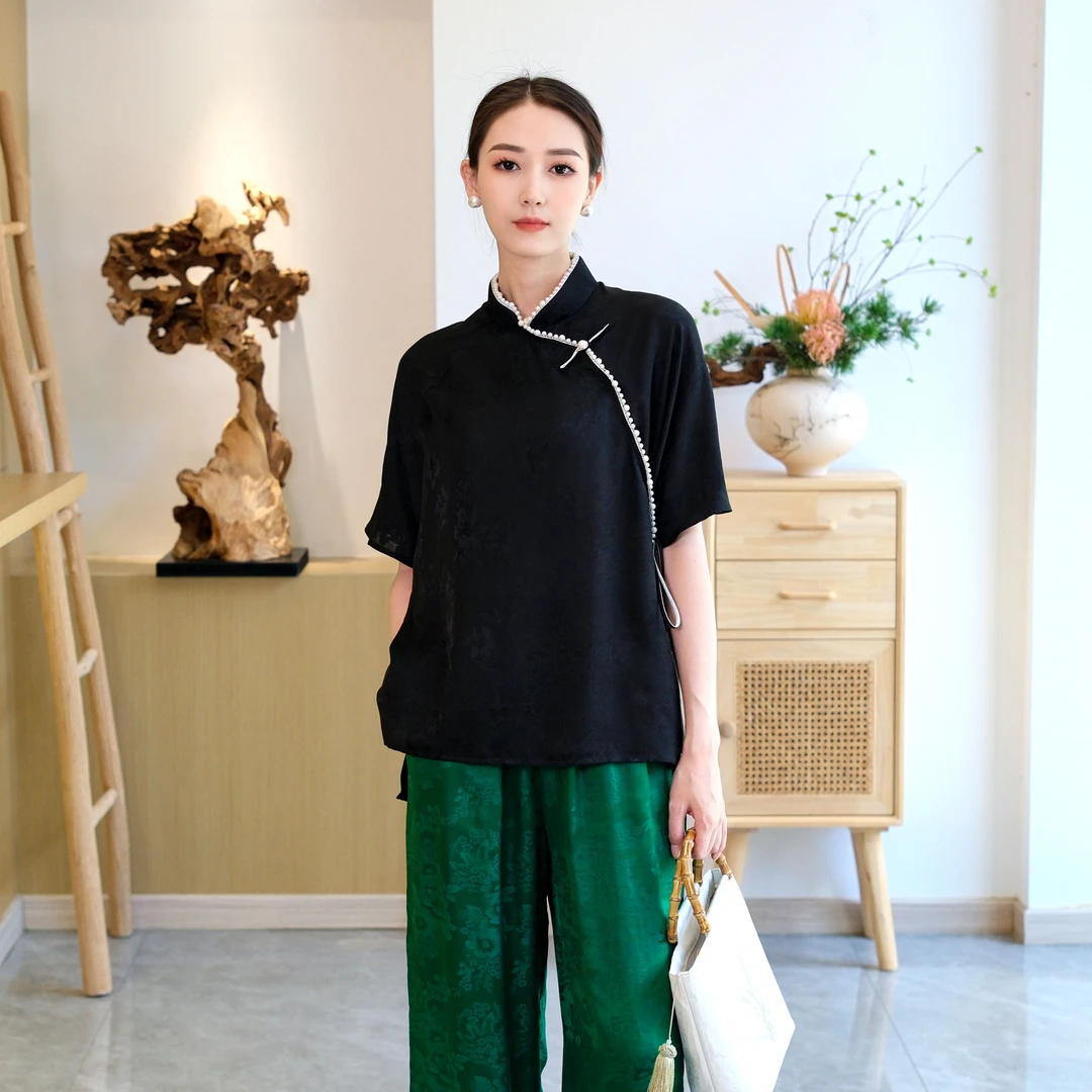 【墨香】桑蚕丝四经绞罗立领短袖衬衫国风小衫23S0071