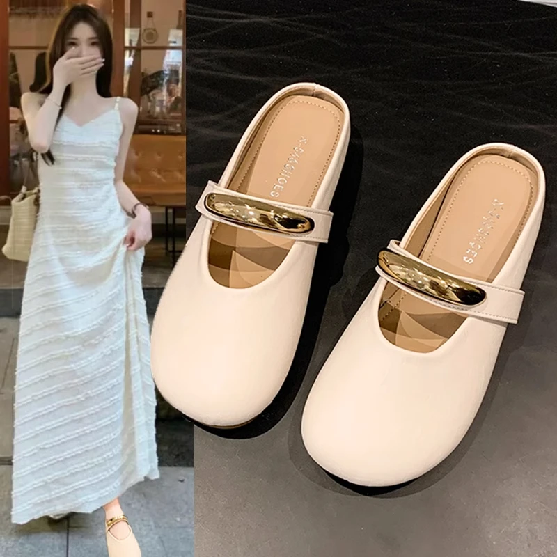 法式平底包头半拖鞋女夏季外穿2025新款一脚蹬懒人孕妇穆勒凉拖鞋