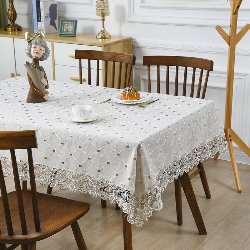 125*175麻布格子咖色麻布蕾丝花边四季简约家居餐桌布款式