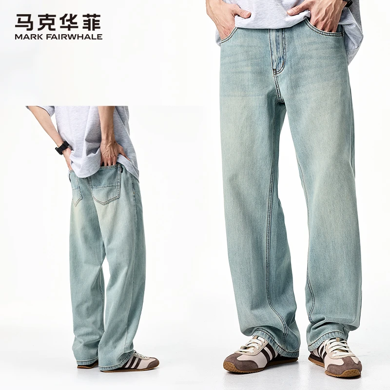 马克华菲浅色直筒牛仔裤男士夏季薄款休闲美式宽松复古阔腿裤子