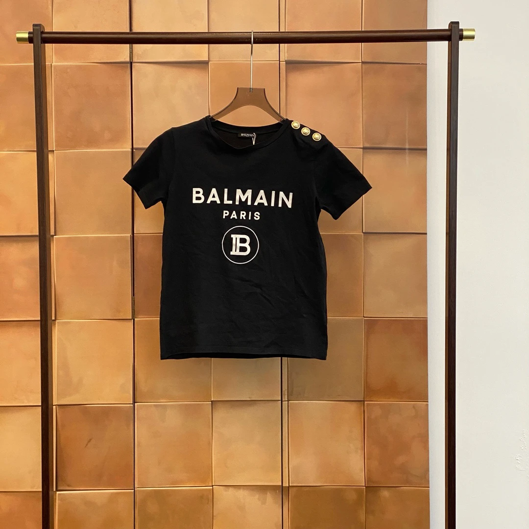 99新 BALMAIN/巴尔曼 黑色标语logo金扣短袖/34码/98新/29223