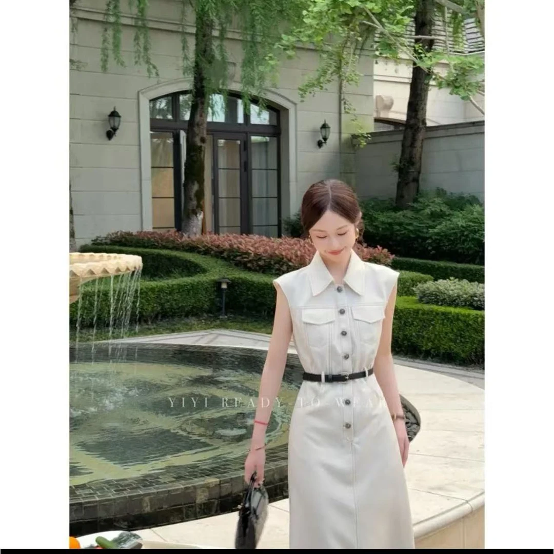 夏季复古无袖连衣裙小个子气质收腰连衣裙女高级无袖显瘦裙子