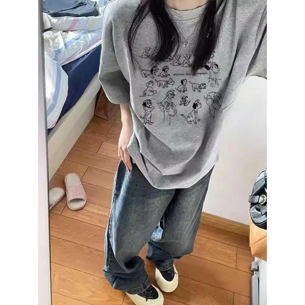 2025新款重磅纯棉狗狗灰色短袖t恤女夏季宽松设计感小众美式上衣