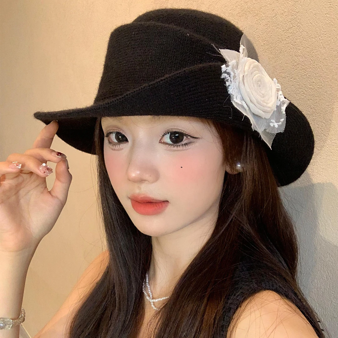 赫本风花朵蕾丝优雅礼帽女千金风大头围显脸小高级感气质渔夫帽子