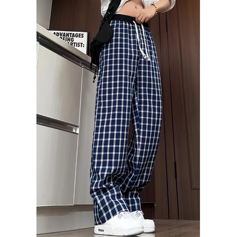 美式复古格子裤男夏季薄款vintage休闲长裤宽松直筒阔腿裤子高街