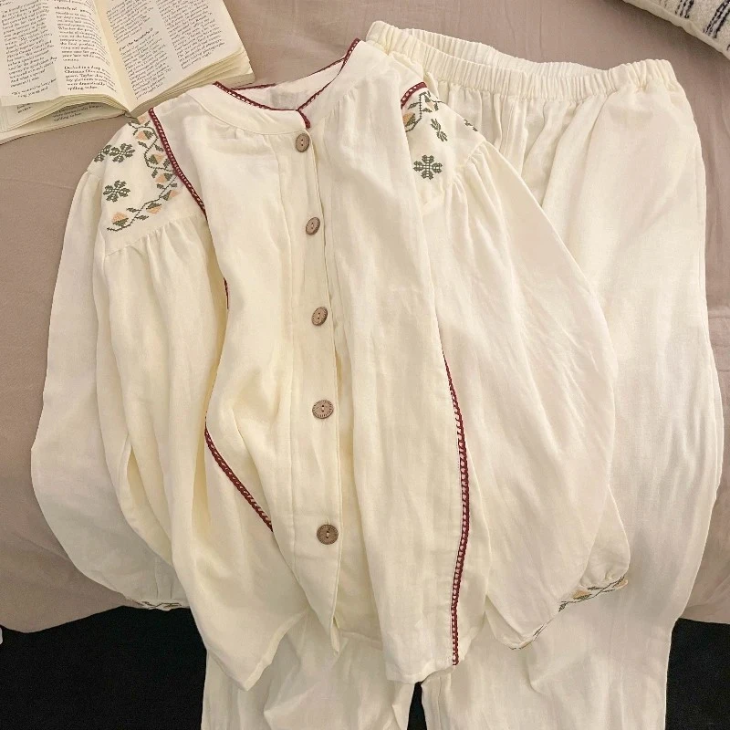 法式碎花圆领开衫长袖睡衣女春秋款2025新款休闲家居服套装可外穿