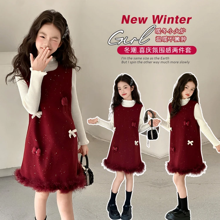 女童秋冬毛呢裙2025新款儿童红色加绒背心连衣裙中大童年服拜年裙