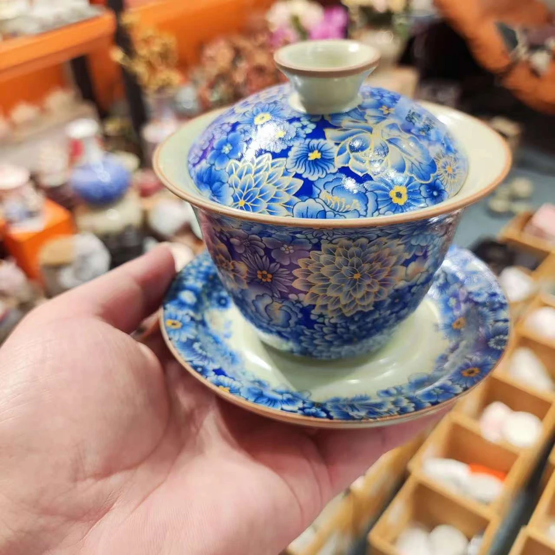 友名 黄汝青花掐丝金万花【悬停盖碗】-承月窑-4878