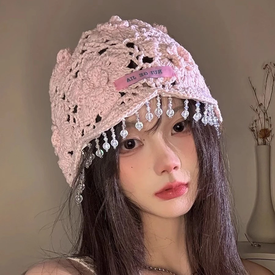 波西米亚风串珠流苏包头帽女夏季镂空薄款流苏针织套头帽钩花帽子