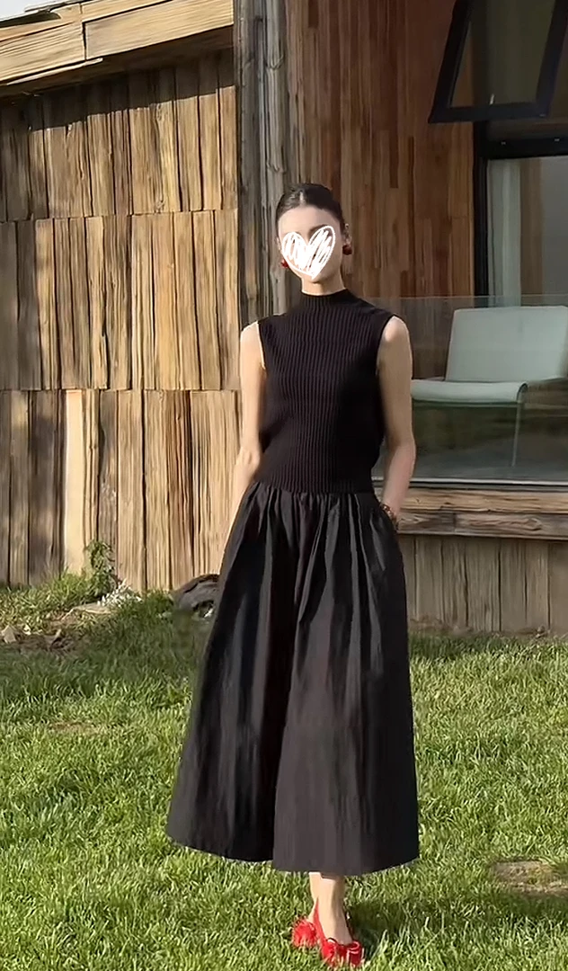 针织坎肩袖气质竖条纹黑色上衣纯色休闲百搭女士高腰半身裙 8073#