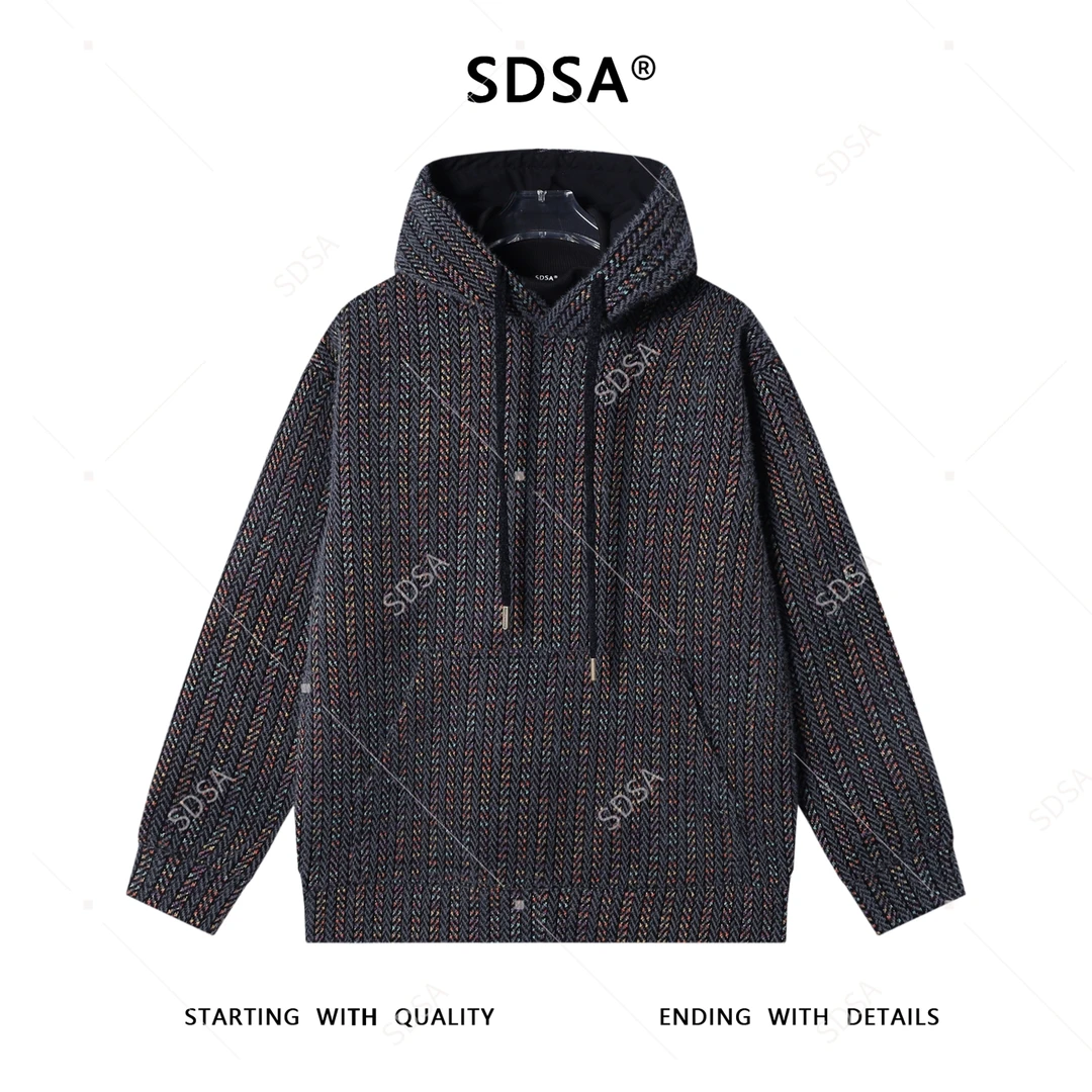 SDSA男士秋冬新款痞帅男装潮牌彩色竖纹连帽卫衣高街绒毛百搭上衣
