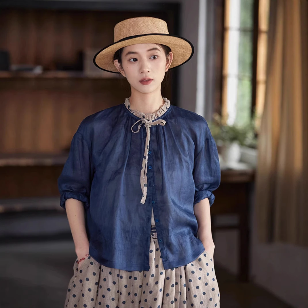 春夏新款文艺复古原创群青蓝苎麻开衫木耳花边领爆款女防晒衬衫