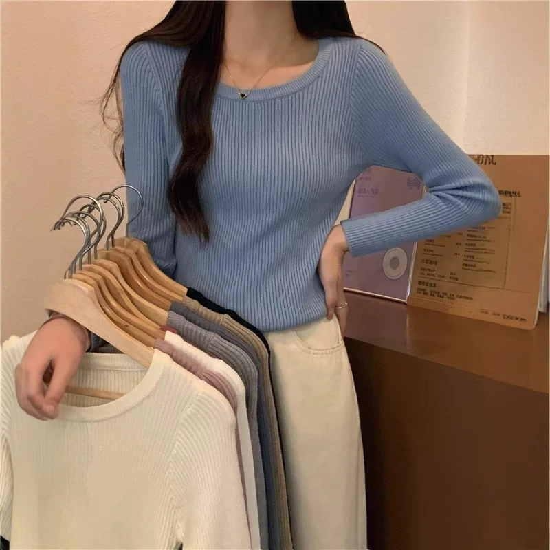 秋冬圆领修身显瘦长袖打底针织衫上衣软糯百搭紧身黑色内搭毛衣女