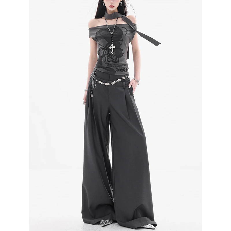 ABWEAR 时尚编辑-原创深灰色双腰头西装裤女压褶设计感阔腿休闲裤