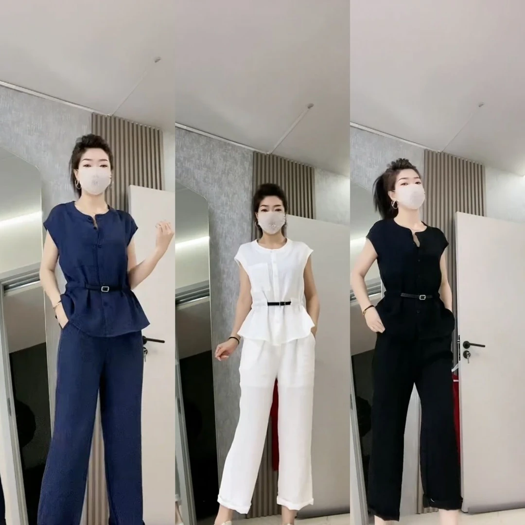 夏季新款高级感休闲气质女装上衣搭配阔腿裤套装2025夏装洋气短袖