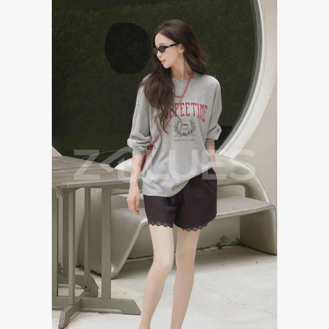 Z.blues【艺术旅途】纯棉花灰宽松字母印花长袖宽松上衣YZQSH7627