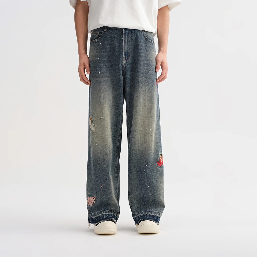 CHINISM赤尘 水果刺绣牛仔裤男2025春季新款复古做旧男士长裤6066