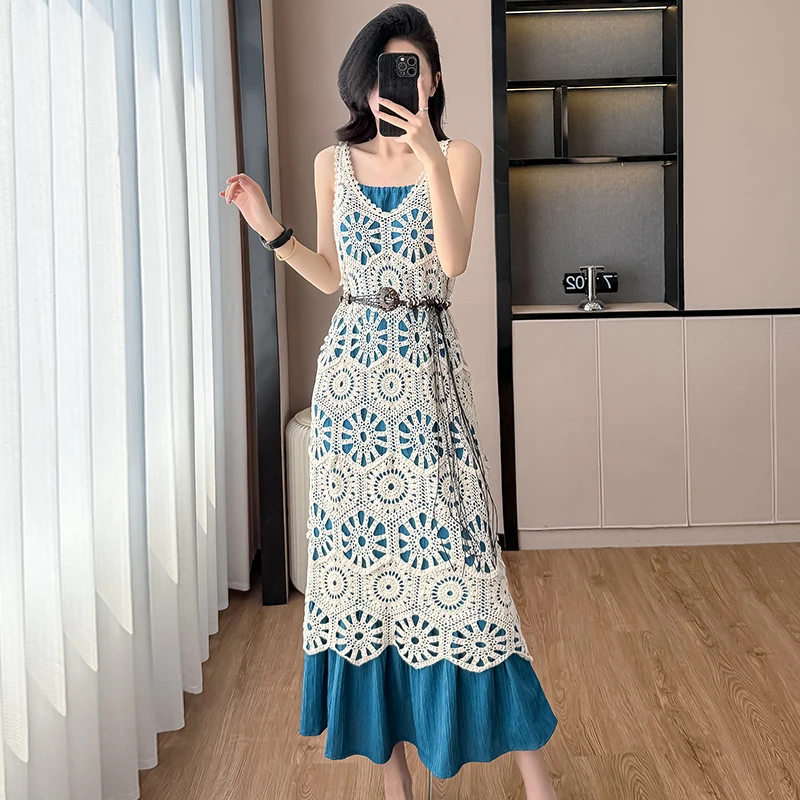 韩系氛围感穿搭独特别致镂空吊带罩衫裙海边度假超好看连衣裙夏季