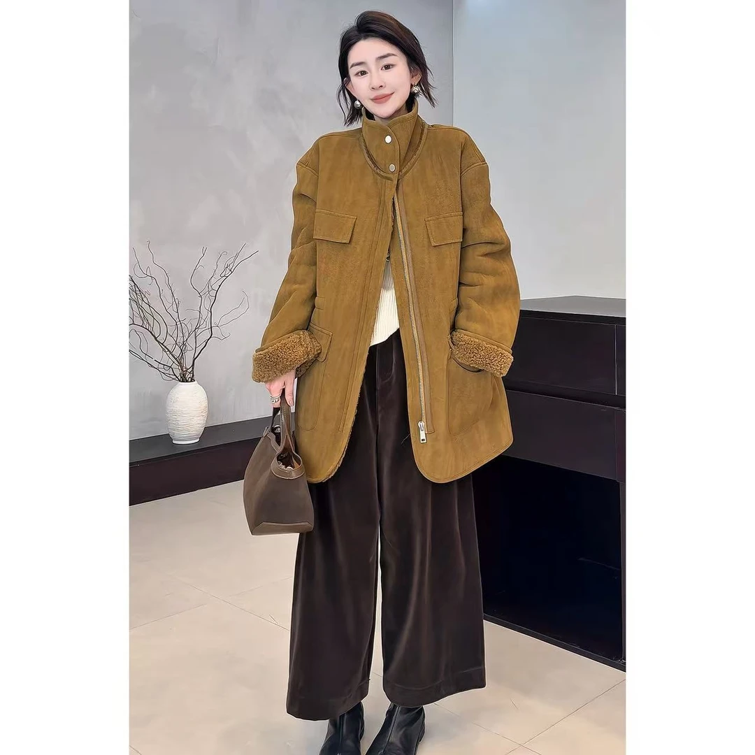 玖了个玖 2025冬款 极简百搭麂皮绒糕毛拼接一手长外套 2511C8351