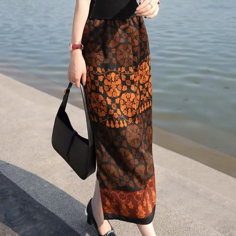 法式复古风气质百搭松紧腰a字裙2025夏季新款时尚晚霞印花半身裙