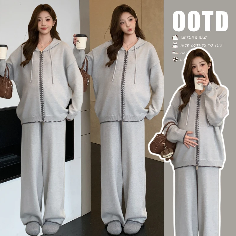 【沫小熙】2025新款秋冬孕妇时尚针织毛衣套装长袖格纹拼接两件套