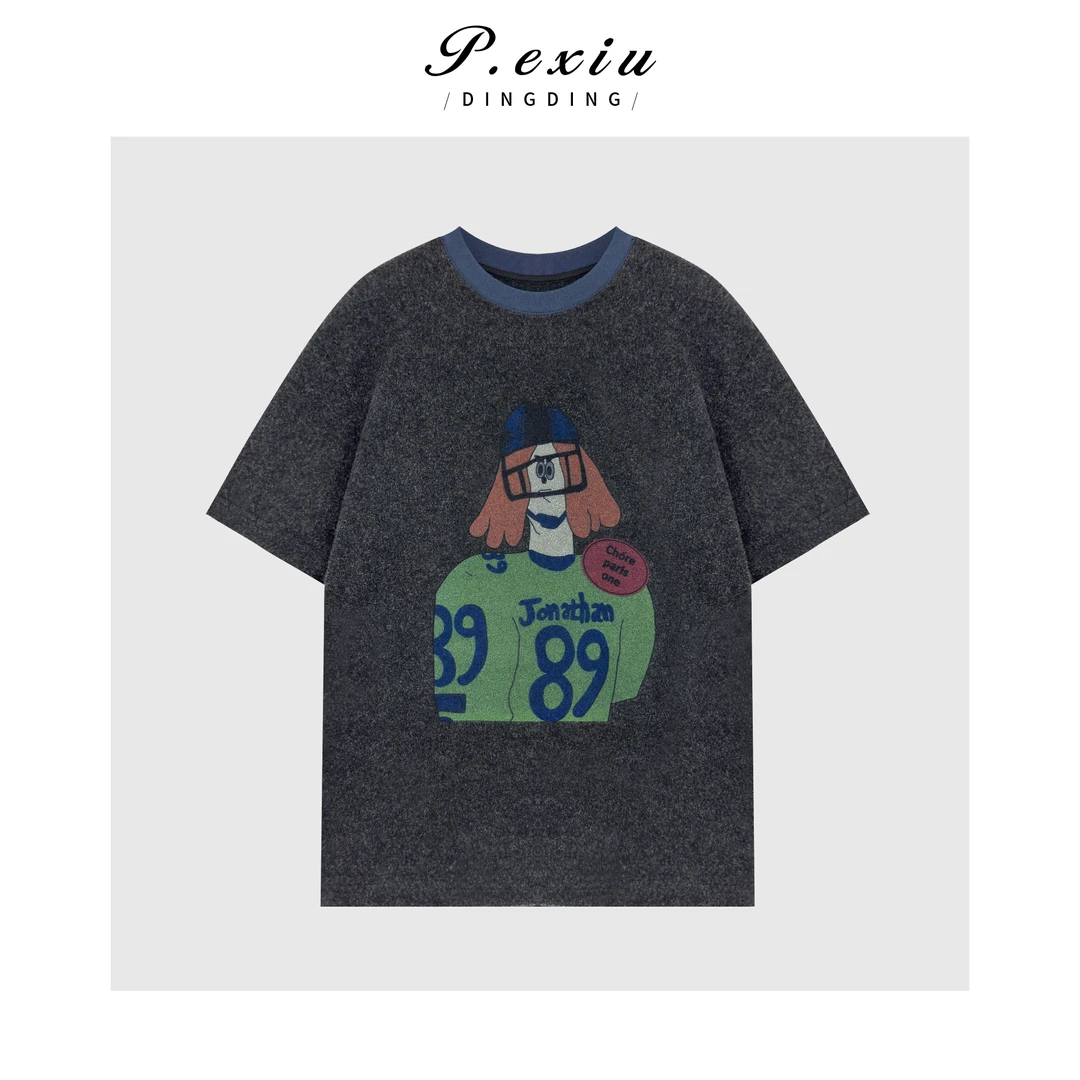 羊毛人丝卡通印花磨毛宽松减龄圆领短袖上衣Q50647