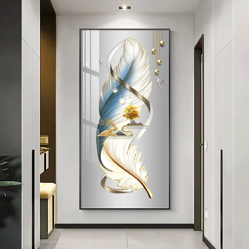 福禄羽毛现代轻奢入户玄关装饰画竖版走廊过道挂画客厅背景墙壁画