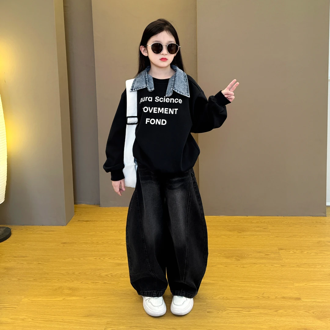 女童2025新款韩版时尚宽松牛仔领拼接卫衣宽松阔腿弯刀牛仔裤套装