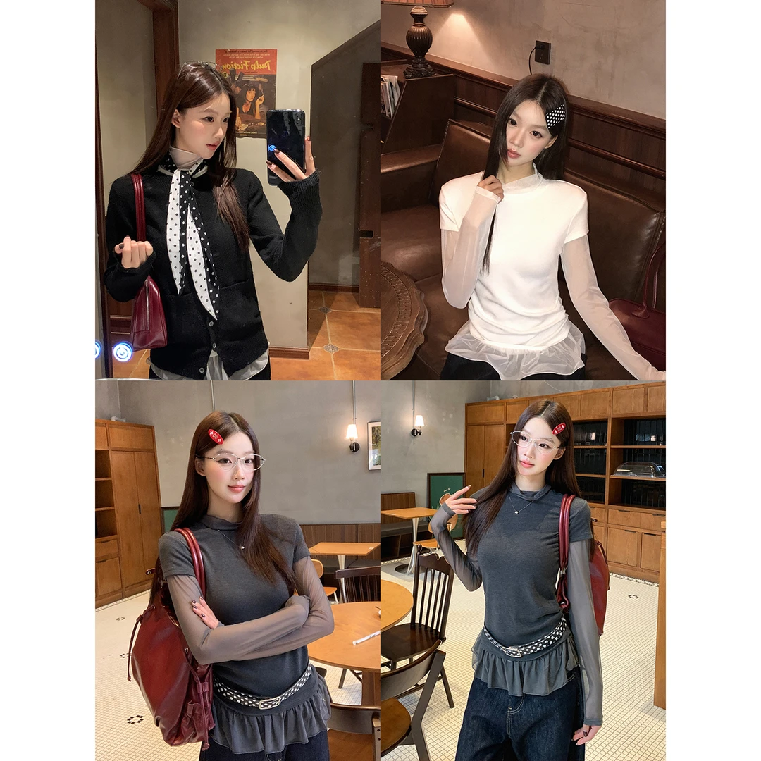 【HRG】蕾丝拼接韩系时尚设计感气质纯色百搭T恤假两件16089