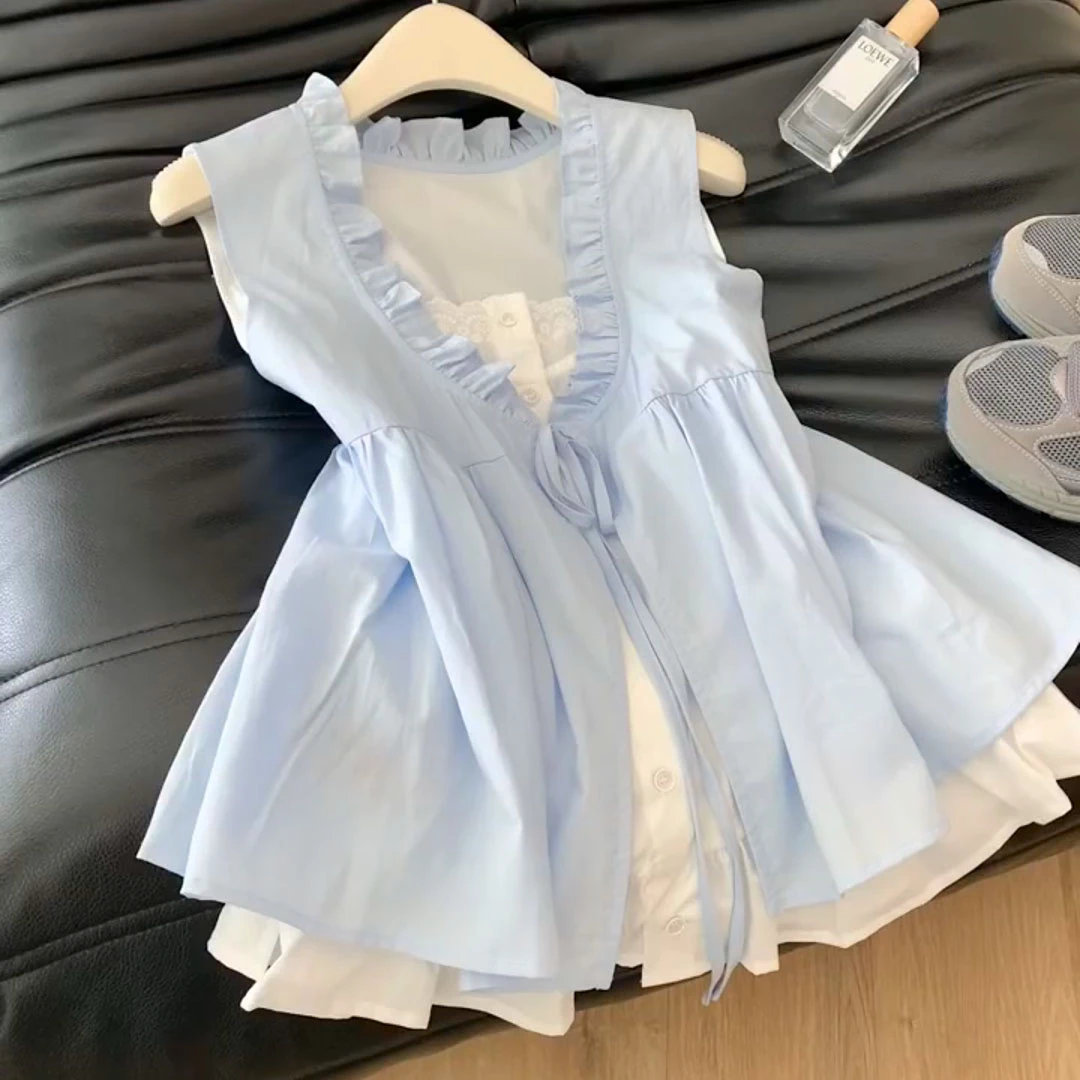 【8760】大码女装胖mm减龄撞色假两件背心夏季甜美无袖外穿上衣