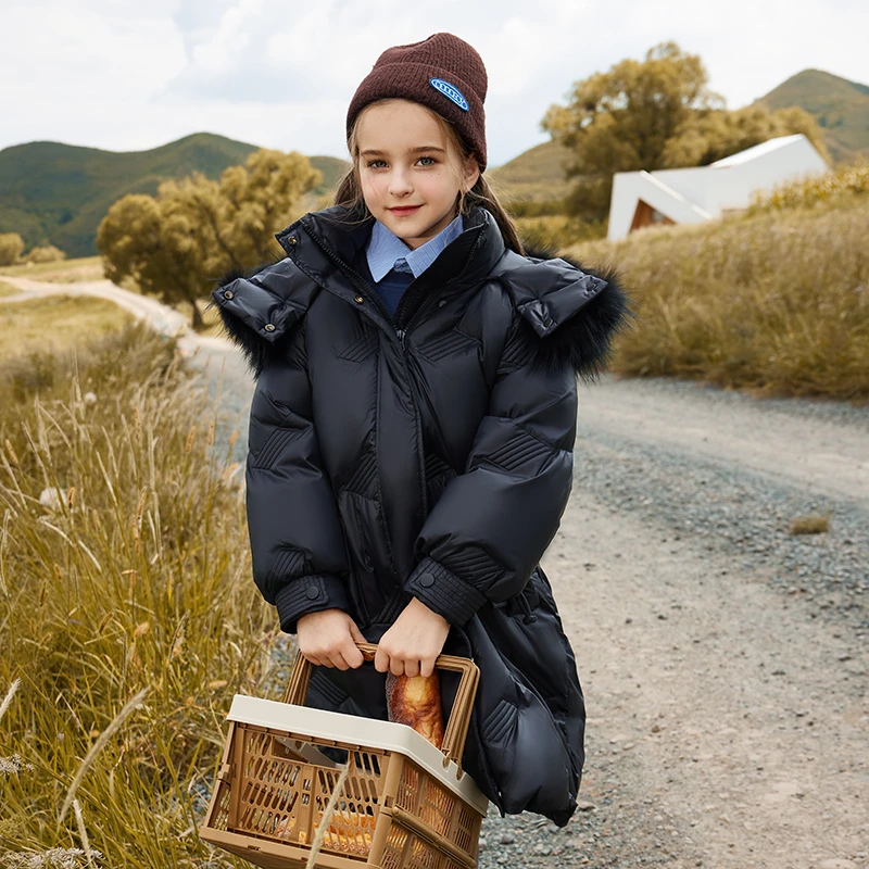 鸭鸭精选90白鸭绒儿童羽绒服中长款加厚保暖连帽防风设计813E