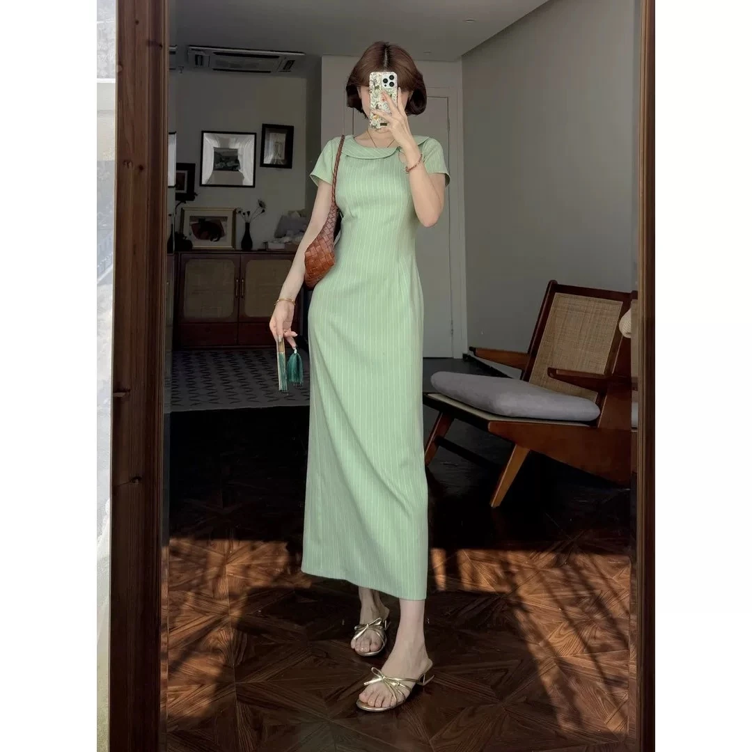 56528胖MM新中式辣妹气质不对称娃娃领条纹旗袍连衣裙