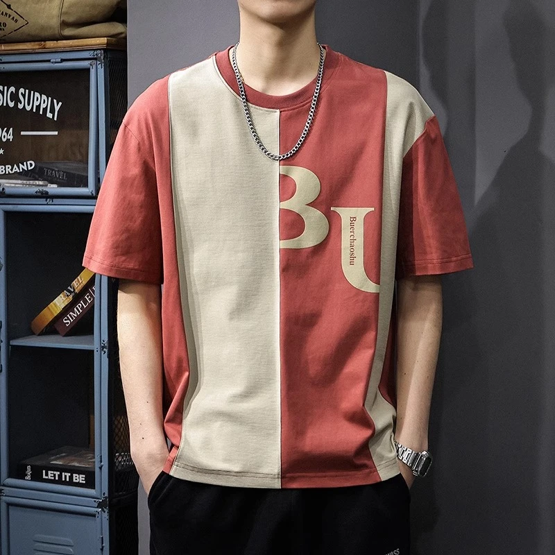 高端撞色设计感宽松大码短袖T恤男夏季新款美式休闲重磅半袖体恤