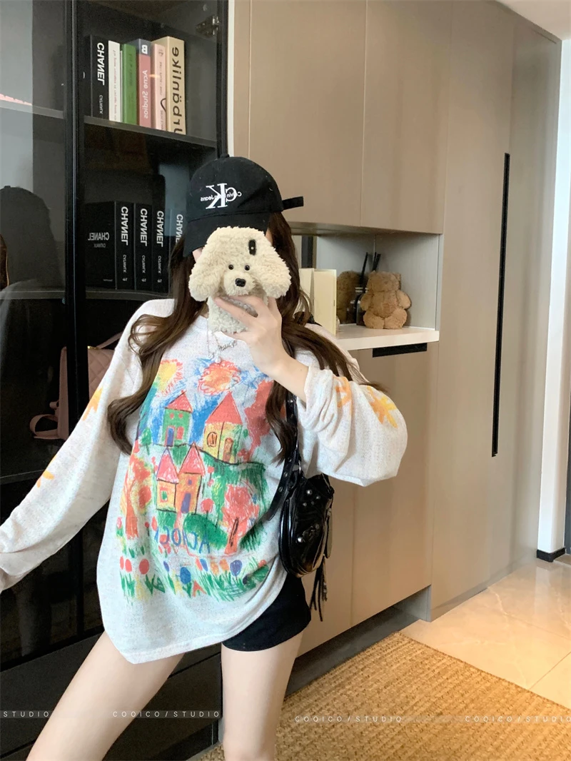 韩系国潮复古彩色手绘涂鸦印花防晒罩衫女薄设计休闲宽松慵懒上衣